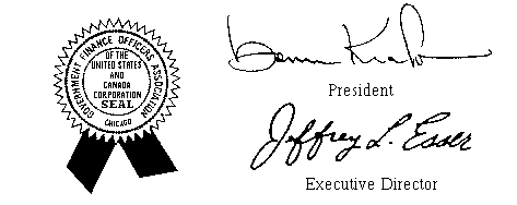  seal of The Government Finance Officers Association with signatures 
of President and Vice President