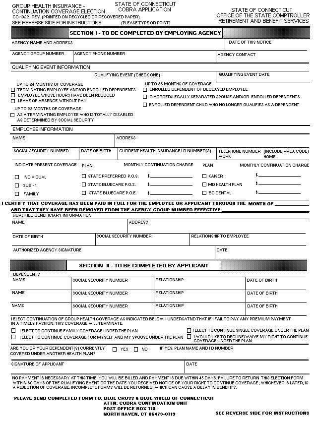 Group Health Insurance - Cobra Application  Form - co1022