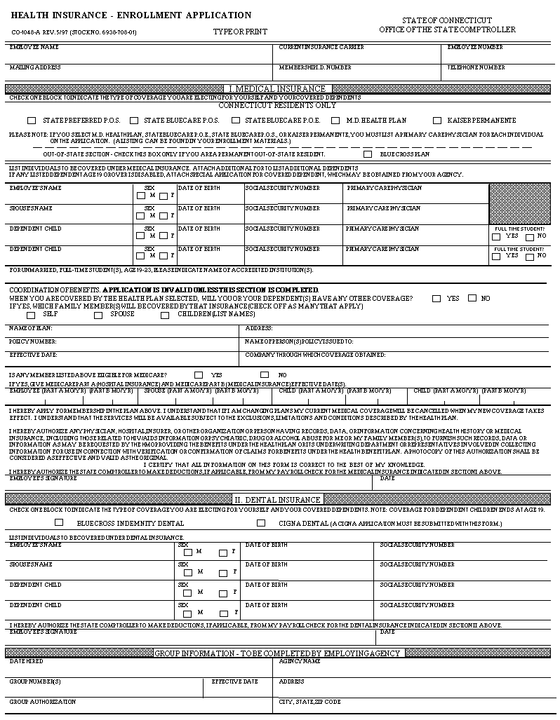 Health Insurance Enrollment Application  Form - co1048a