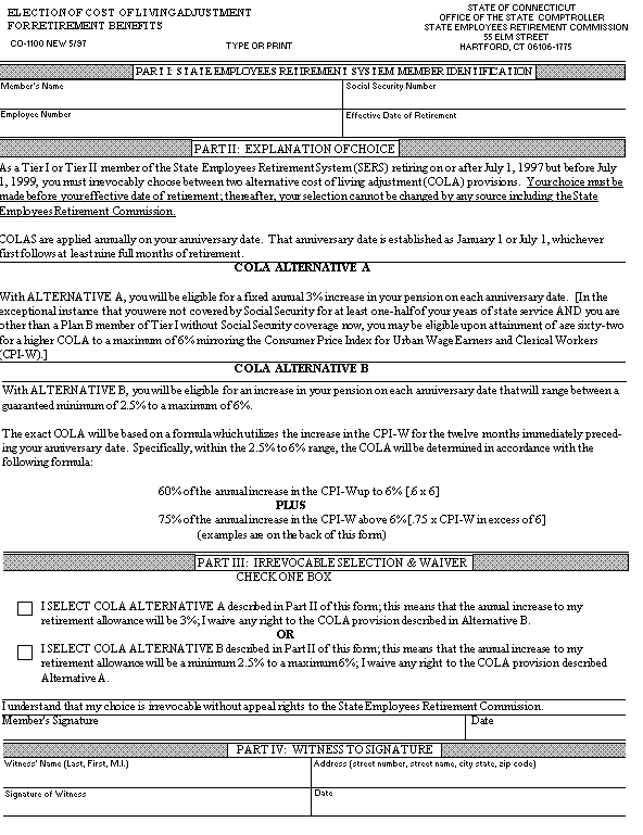 Form co-1100 - Election of cost of living adjustment for Retirement Benefits