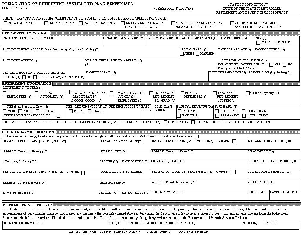 Co-931- Designation of Retirement System -Tier - Plan - Beneficiary