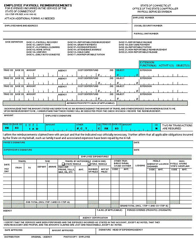 CO-17XP-PR, 
Employee Payroll Reimbursements Form Revised July 1998