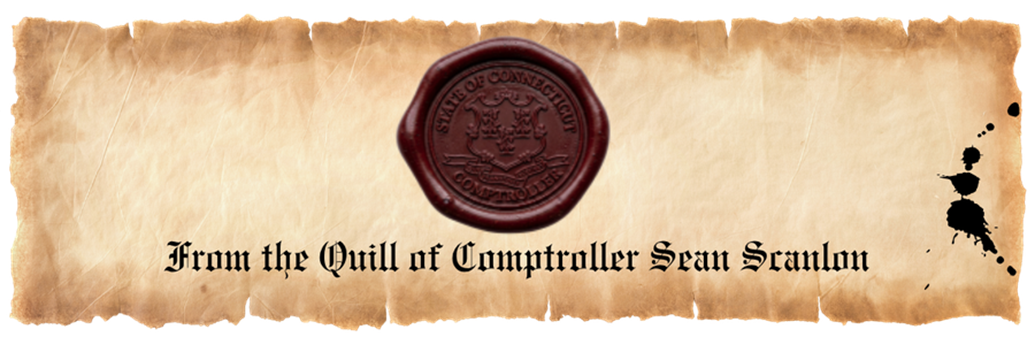 Parchment paper with wax seal and old style text stating "From the Quill of Comptroller Sean Scanlon"